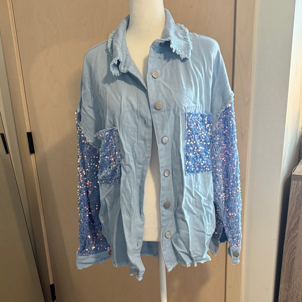 Stylish Light Blue Sequin Jean Jacket